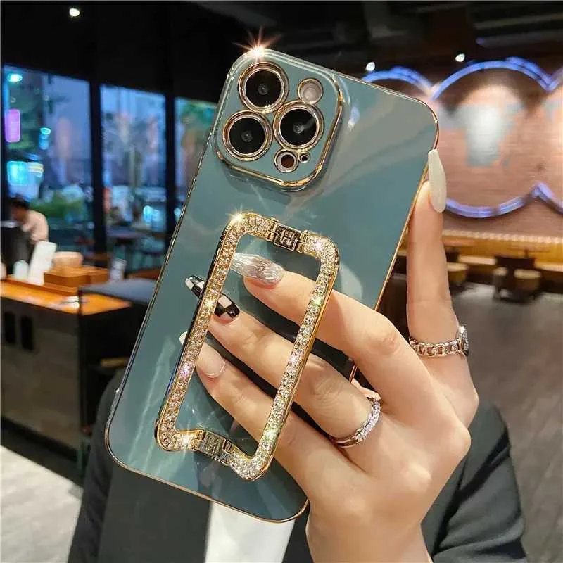 Cell Phone Cases 3D Diamond Crystal Square Stand Gold Plated Phone Case Suitable for iPhone 14 12 Pro Max MiNi 11 13 Pro X XS XR 7 8 Plus SE Back Cover J240426