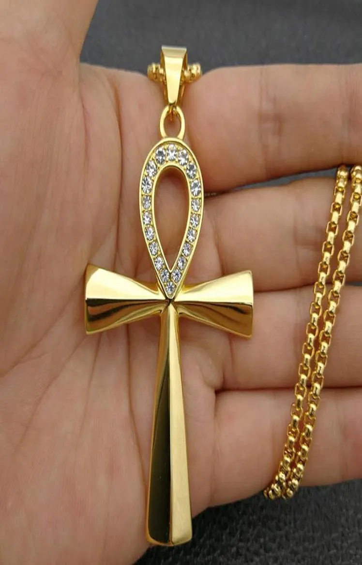 Hip -Hop -Ägypten vereisere Bling Ankh Anhänger Halskette für Frauen und Männer Schlüssel des Lebens Edelstahl ägyptischer Schmuck 3804086