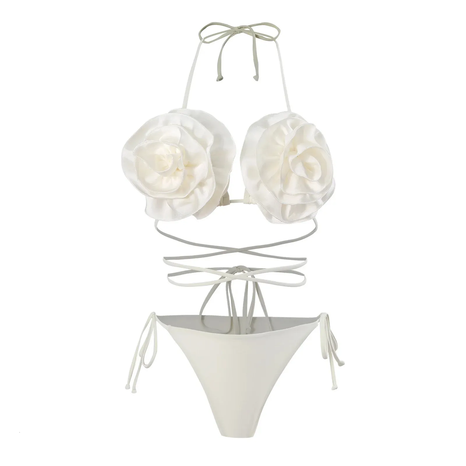 Sexe 3D White Flower String Micro Mini Bikinis Sets Deux pièces High Waist Triangle Swimsuit Swimwear Female Bathing Biquini 240426