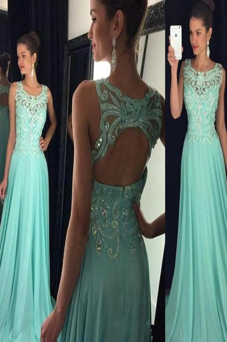 Mint Green Lace Pärled Chiffon Prom Dresses Long New Sexy Scoop Neck Sleeveless Keyhole Hollow Back Evening Clows Formal Pageant D8851731