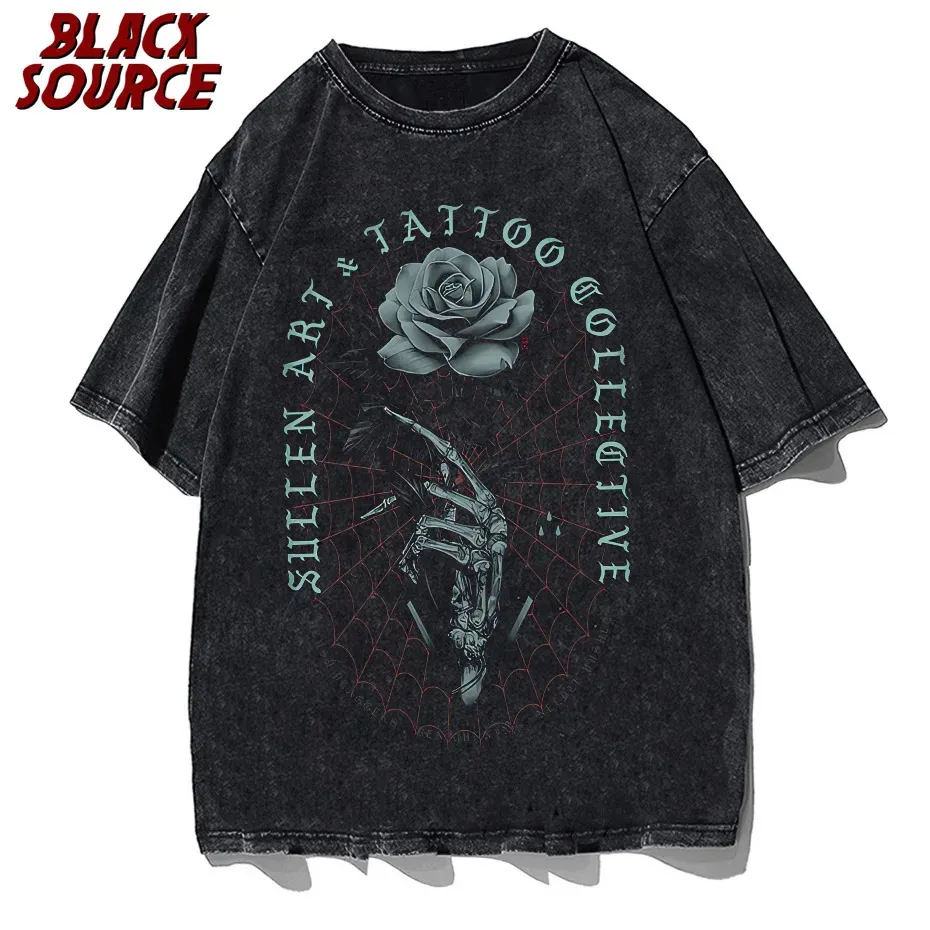 Punk nödställd t-shirt hiphop rose skalle handtryck gotisk rock t-shirt män harajuku vintage casual kortärmad tshirt 240425