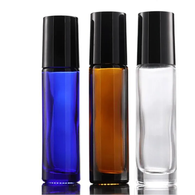 Wholesale Thick 10ml Glass Roll on Bottles Amber Blue Clear Empty roller ball perfume bottles With Black Lids 