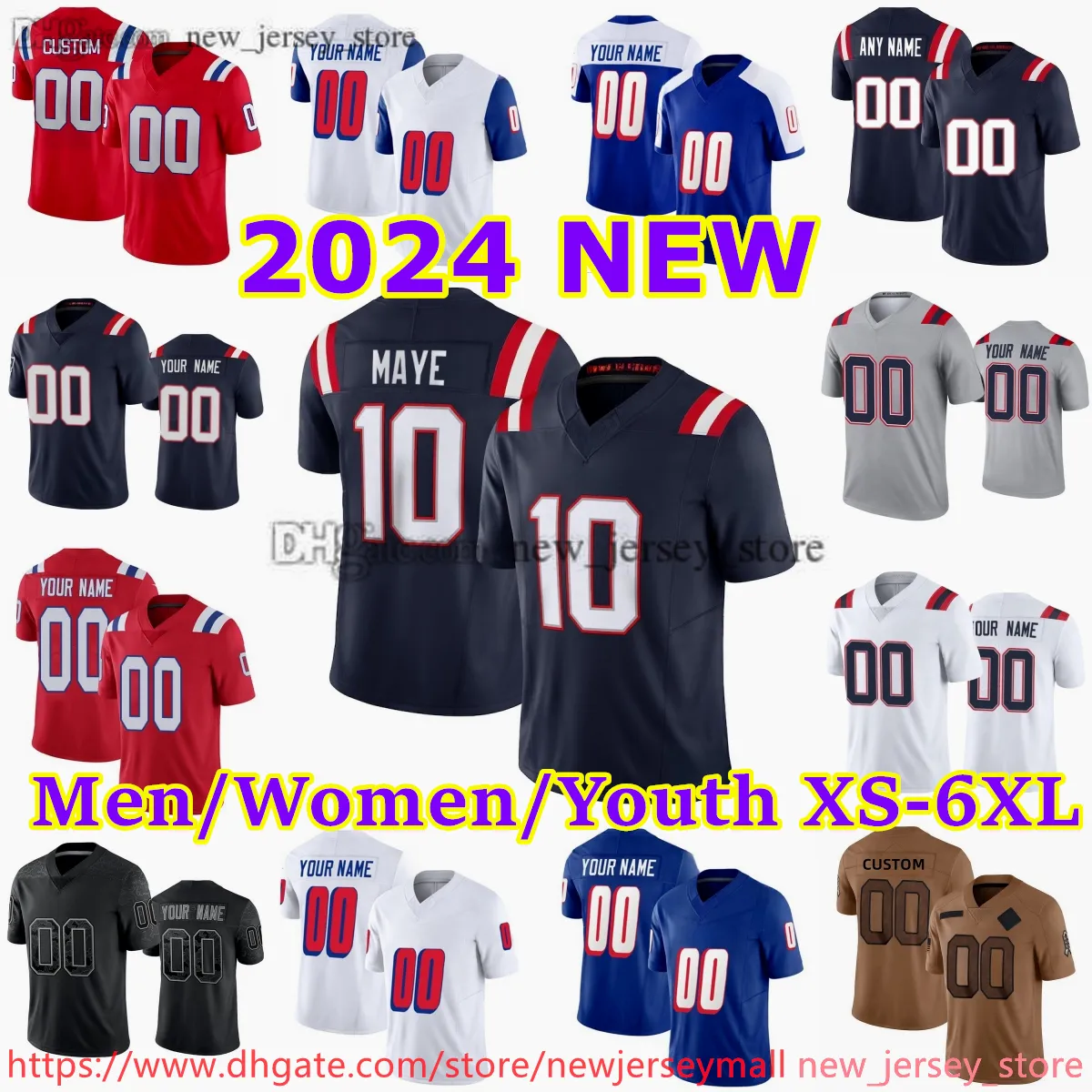 Custom S-6XL DIY 10 Drake Maye voetbaljersey 85 Hunter Henry 9 Matthew Judon 15 Ezechiel Elliott Rhamondre Stevenson Ja'whaun Bentley Christian Gonzalez Bailey Zappe