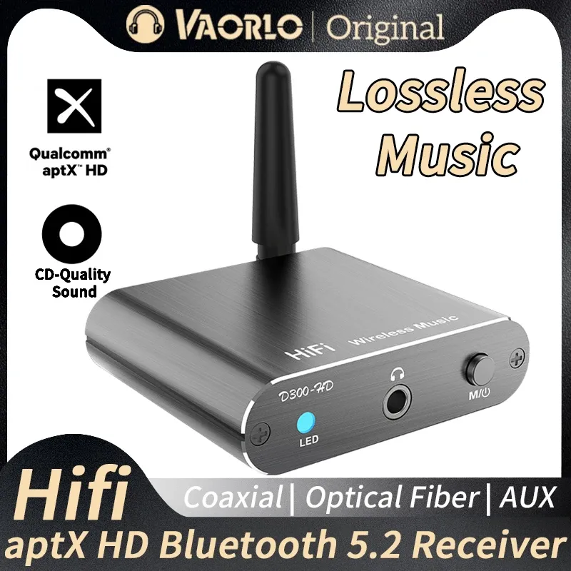 Adapter Vaorlo AptXHD Bluetooth 5.2 Musikempfänger HiFi Wireless Audio -Adapter mit 3,5 -mm -Aux -Toslink/Koaxialausgang für Ampliferauto
