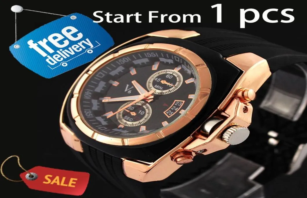 Whole New V6 Men039s Business Wrist Watch Black Rubber Silicone Band Strap Gold Case Analog Sport Wristwatch Quartz Man Ana2359883