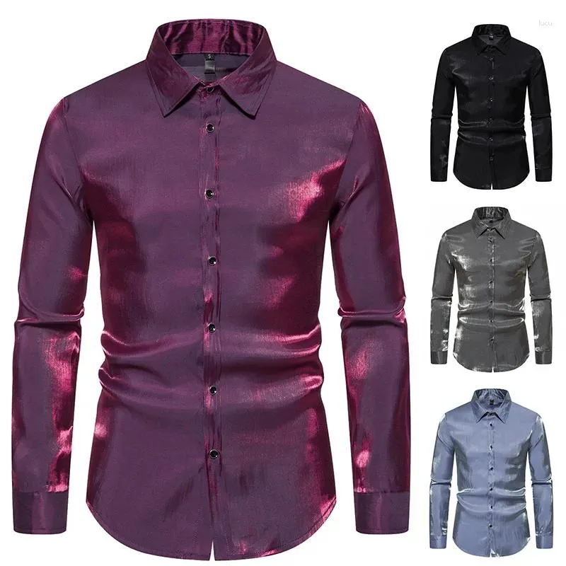 Chemises décontractées pour hommes Club de nuit coloré à manches longues Shirt Party Disco Dance Costume T-shirt Shiny Button Slim Button Tops Club