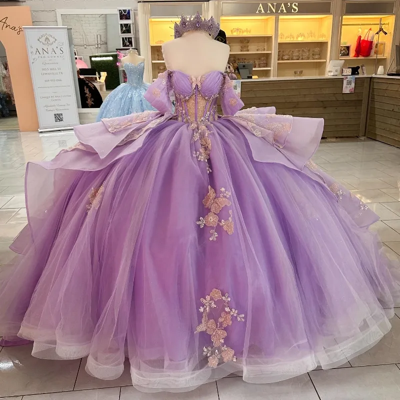 Vestido de balón lila brillante vestido de quinceanera Boeds Beads Tull 2024 Fiesta de cumpleaños de novia Dulce 16 Vestidos de 15 Anos