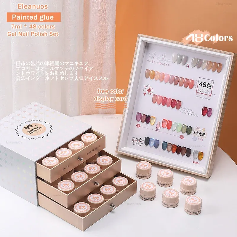 Kits eleanuos 48 couleur 7ml peinture de couleur colle de la gelée glacée à travers le lait shake gluant thé couleur phototherapy uv nail shop spécial ensemble