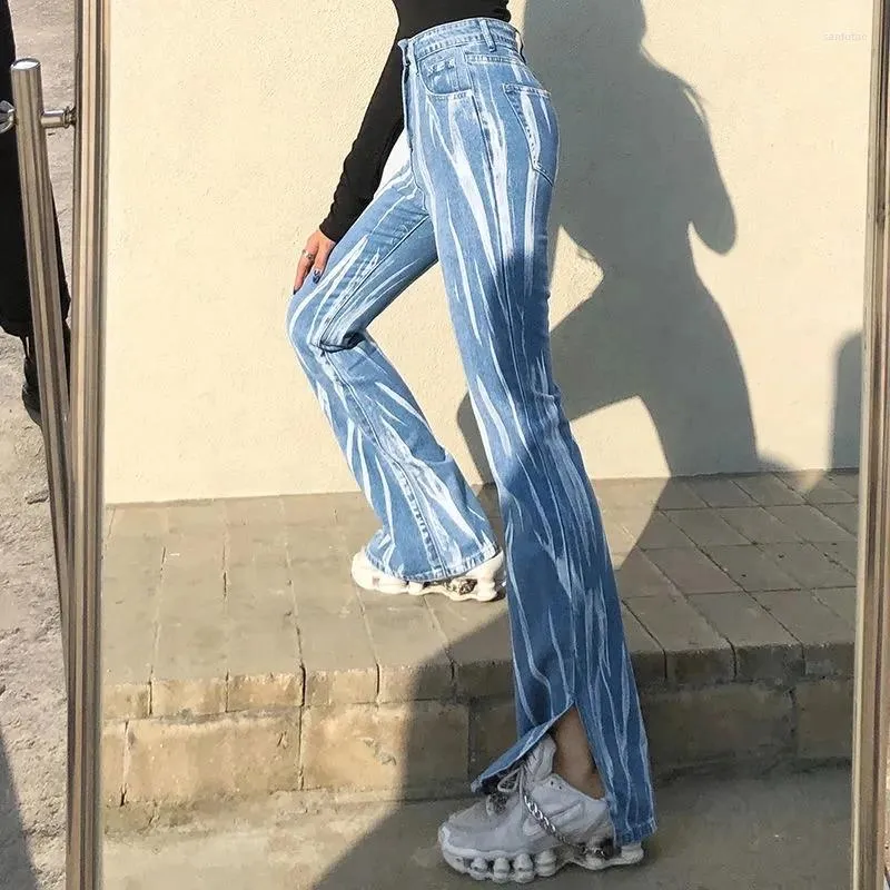 Jeans femininos Blue Graffiti Print Women Women Logo Casual Personalidade All-Match Fried Street Pants Spring e Autumn Models