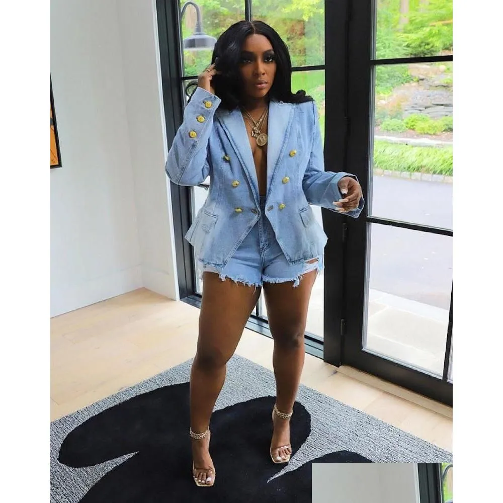 Costumes de femmes Blazers Femmes échoe Hight Quality Fashion Fashion Blue Denim Blazer Veste Femme Streetwear Long Manche Double Bre Otgk7