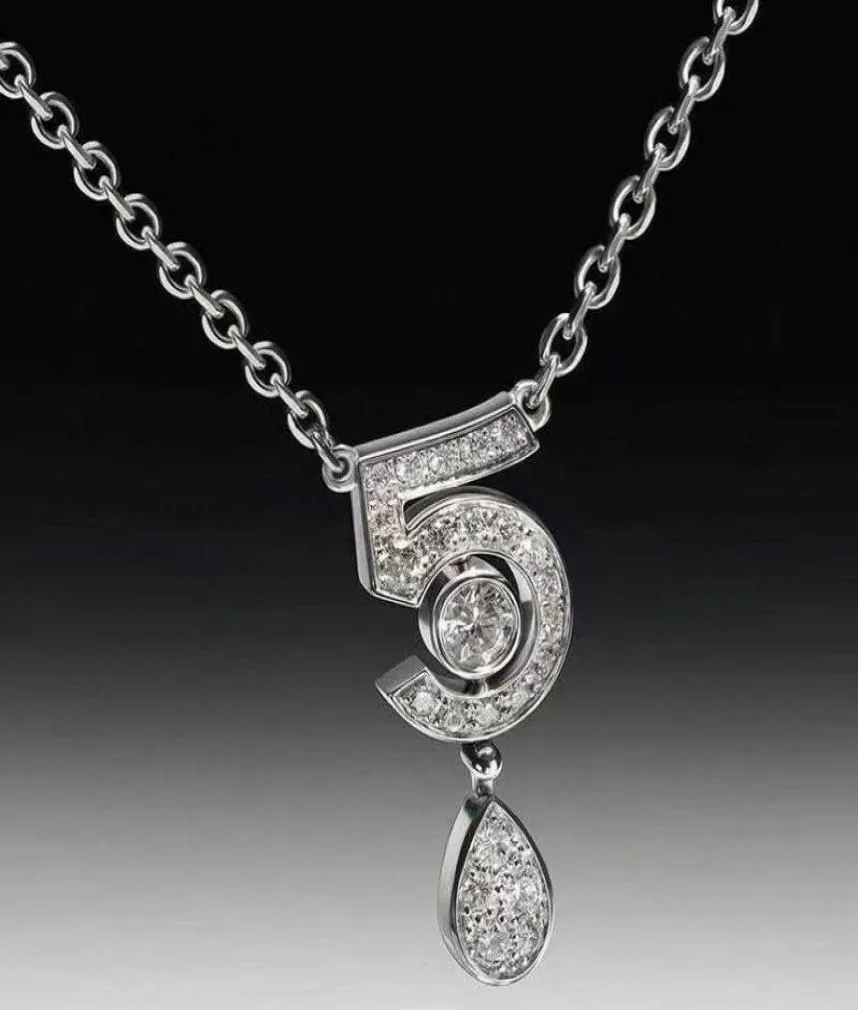 Marke Pure 925 Sterling Silber Schmuck für Frauen Brief 5 Diamant Wassertropfen Anhänger süße Blumenparty Luxusbrand Halskette 2094346