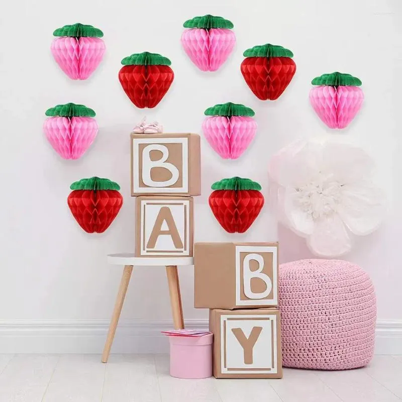 Party Decoration Strawberry Ball Tissue Craft Honeycomb Paper Balls Strawberry-tema Dekorationer Set 10 rosa för en