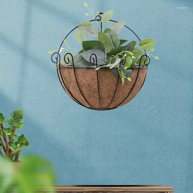Dekoratif figürinler duvara monte yarım yuvarlak demir flowerpot ile mat rahat asma sunak sepet rafı ev duvar kapısı bahçe dekorasyon