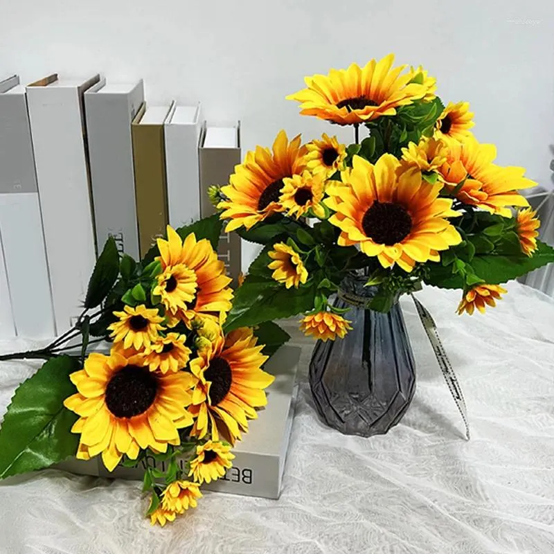 Kwiaty dekoracyjne sztuczny słonecznik realistyczne jedwabne aranżacje kwiatowe wazon akcesoria w diecie długie łodygi stolik domowy bukiet