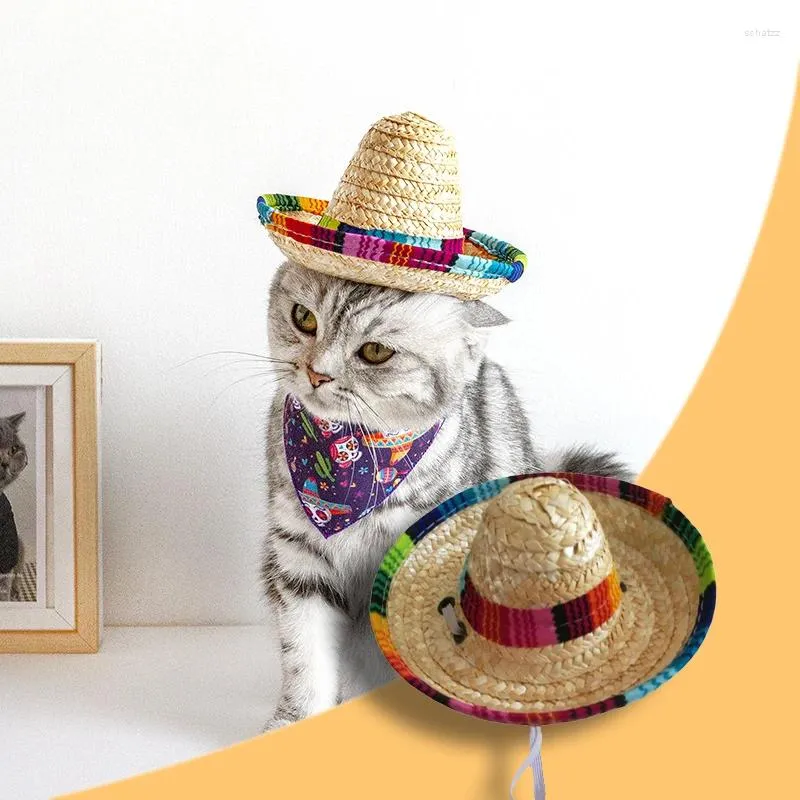 Dog Apparel Straw Sombrero Mexican Hat Pet Adjustable Buckle Multicolor Cat Beach Party Sun Accessories