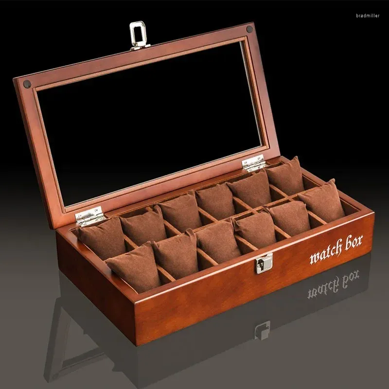 Watch Boxes Vintage Wooden Box 12 Slots Transparent Storage Case Display Men Watches Organizer Tray Accessories