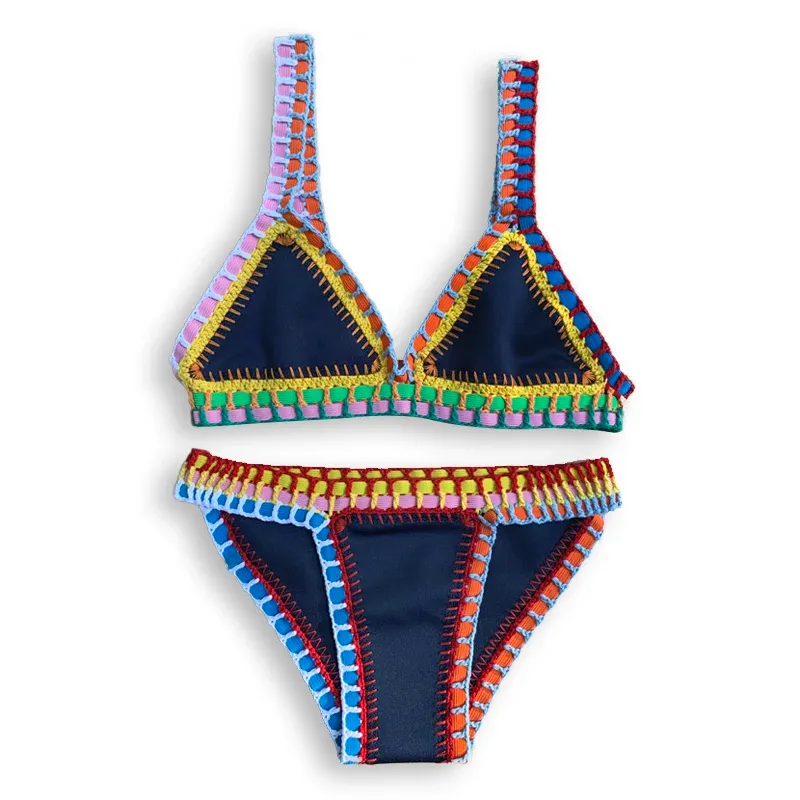 Garnitury seksowne bikini kobiety ręcznie robiony szydełkowy kostium pływania ciemnoniebieskie tankini Twopece Swimsuit