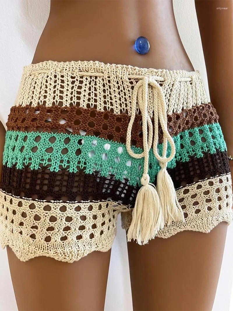 Dames s gebreide haak shorts casual trekkoord elastische taille hol uit korte broek zomer strandlounge