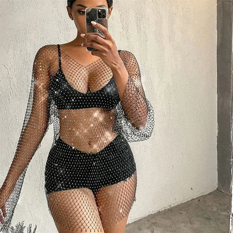 Ställ in vintage diamant strass sommarkvinnor sexig bikini täcker mesh fisknät baddräkt badkläder klänning badstrandkläder dropshipping