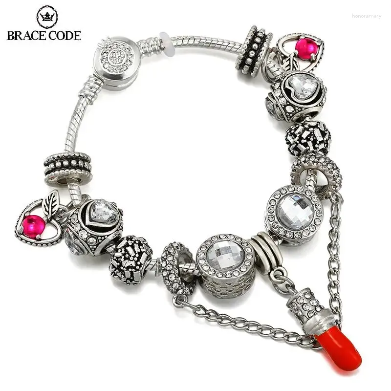 Charm Bracelets BRACE CODE Crown Zircon Chain DIY Antique Silver Plating Bead Lipstick Pendant Crystal Bracelet For Women Jewelry