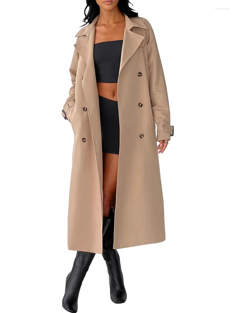 Vestes pour femmes Trench Coat Trench Coat Cound Color Color Double Breasted Long Sleeve Windbreaker Veste avec ceinture pour streetwear Extérieur