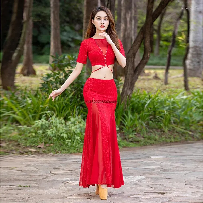 Stage Wear Women Proffesional Bellydance Costume Sexy Short Sleeves Top Long Skirt Exotic Dancewear Suit Girls Oriental Dance Outfit Cloth