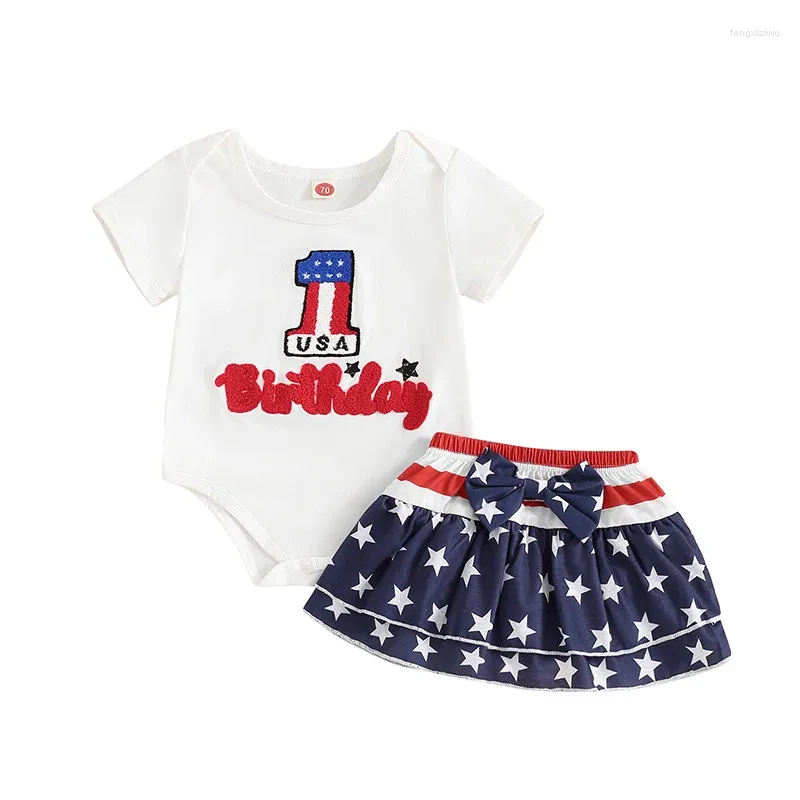 Kleidung Sets Baby Girls 4. Juli weißer Kurzarmbrief Sticker Strampler Star Stripe Print Culottes