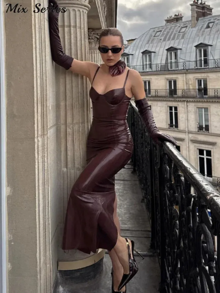 Sexy PU Leather Strap Dress Womens Solid Sleeveless Hip Package High Waist  Long Dresses Autumn Womens Fashion Tank Top 241126