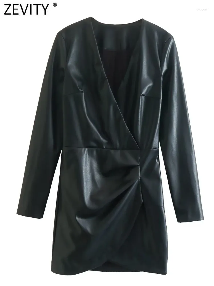 Casual jurken ZEVITY Women Fashion Cross V Neck Ploes Design Pu Leather Mini Shirt Dress Office Lady Chic Side Zipper A Line Vestidos