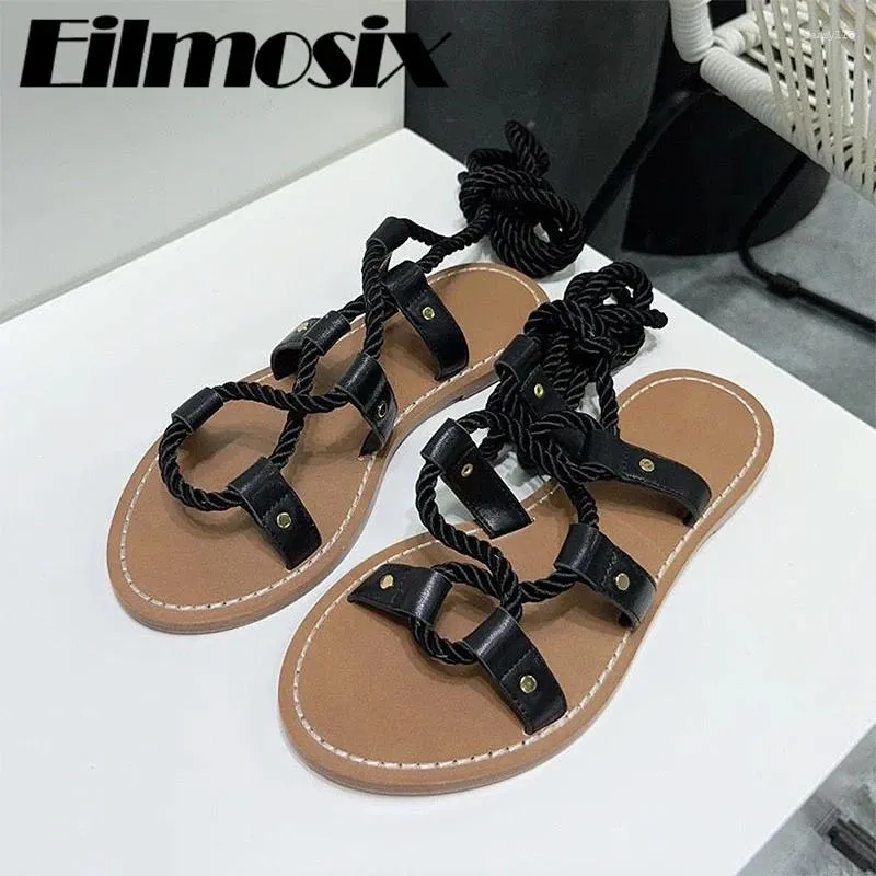 Casual Shoes 2024 Ankle Strap Gladiator Sandals Women Peep Toe Flat Heels Beach Retro Rope Hollow