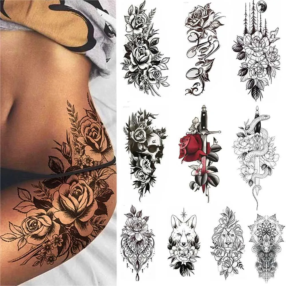 Tattoo overdracht 10 -delige waterdichte tijdelijke tattoo sticker sexy bloem wolf leeuw schedel dimond rozen mes body arm art vrouwen mouw persoonlijkheid 240426