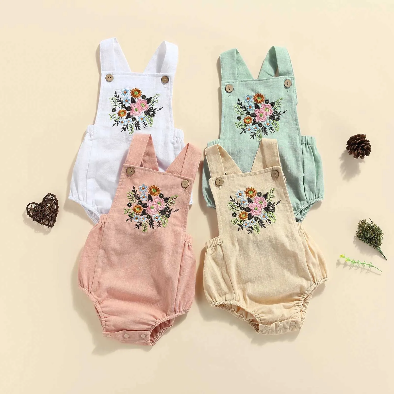 Rompers dames mouwloze jumpsuit met bloem geborduurde onderste knop verstelbare schouderband baby zomer kledingl24f
