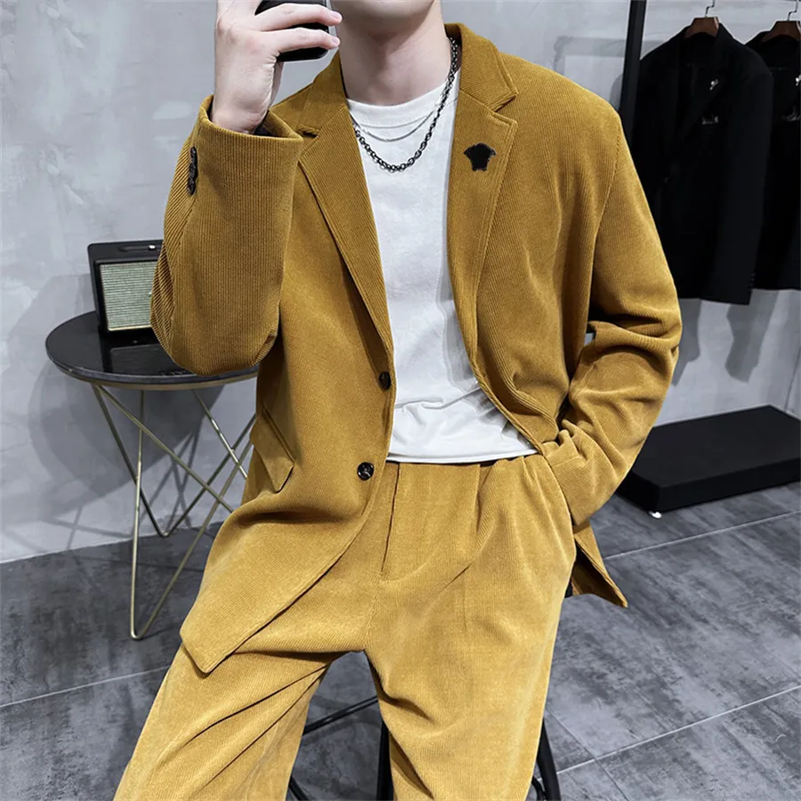 Designer Men's's Suit 2 Pieds Luxury Western Casual Wear Charduroy Blazer Slim Fit 4 Color Striped Suit Asia Taille M-3XL