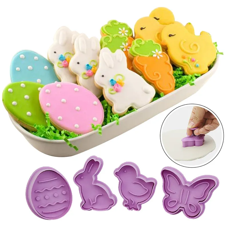 Moldes 1 Conjunto de ovo de páscoa Rabbit Frango Cookies Cutter Cutter Plástico Fondant Biscoito Bolo de molde Ferramenta de cozimento Feliz decoração de Páscoa