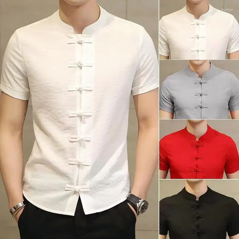 Mäns casual skjortor män sommarskjorta stativ krage kort ärm topp fast färg smal passform knut knappar kinesisk traditionell