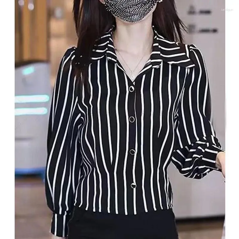 Women's Blouses Fashion Lapel Button Loose Folds Striped Shirt Female Clothing 2024 Autumn Casual Tops All-match Office Lady Blouse