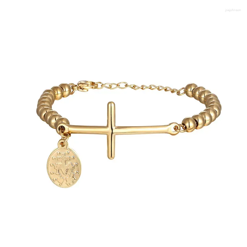 Charm Bracelets Classic Beads And Cross Hanging Bracelet & Bangle Stainless Steel Gold Color Jewellry Woman Wholesale