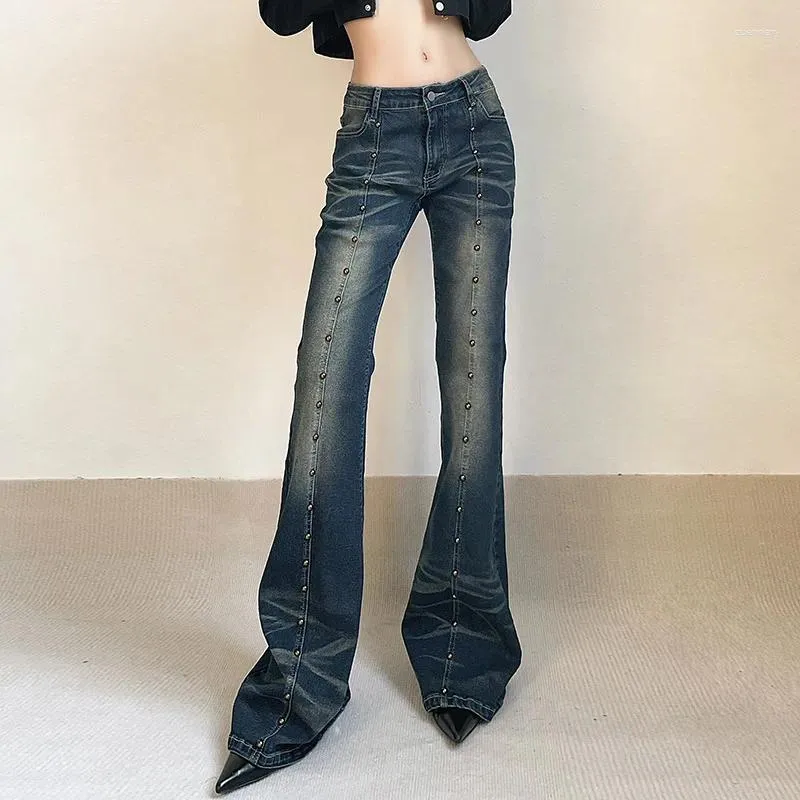 Damesjeans vintage laars gesneden flare broek denim klinkmetaal decoratie bedroefd strak blauw lage stijging mager voor vrouwen y2k high street