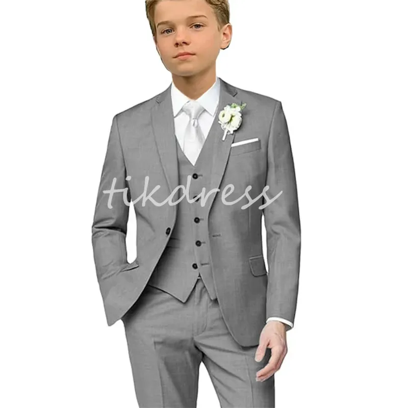 Casual Elegant Grey Boy's Suits For Wedding Boy 3 Pieces Single Breasted Blazer Vest Pants Kids Tuxedo 3 till 16 år Full Set Pant Jacket Vest Child Dinner Party Outfits