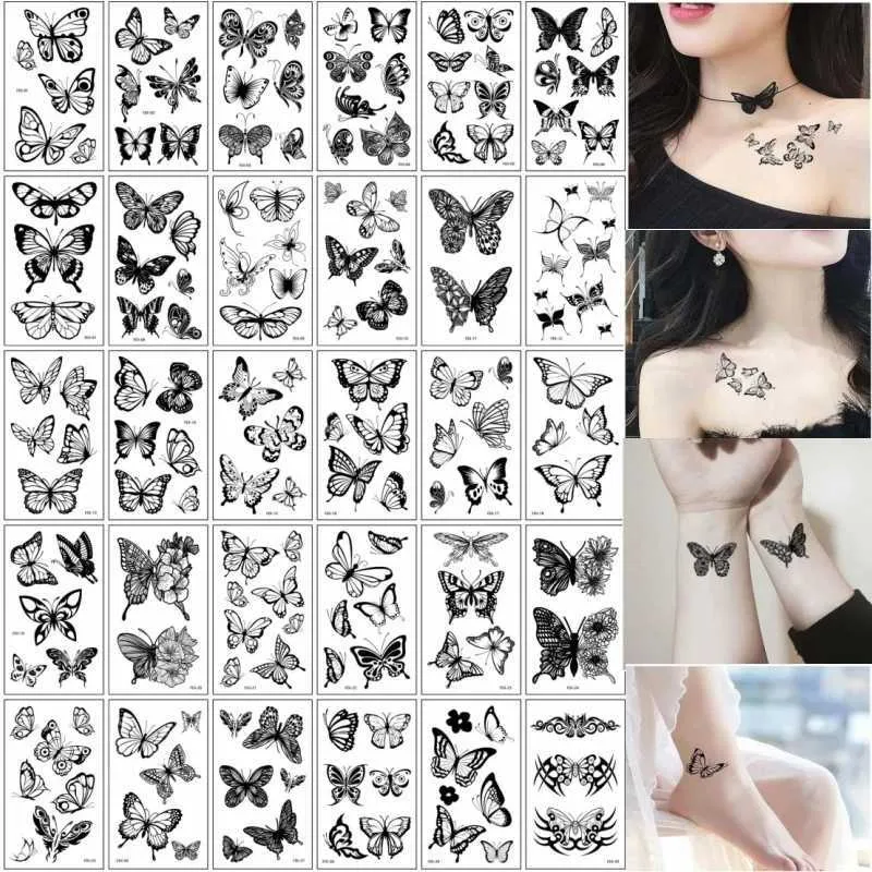 Tatueringsöverföring 30st/parti 3D Butterfly Fake Tattoos Stickers for Woman Girls Black Transfer Tattoo Temporär liten axel handledskropp tatouage 240427
