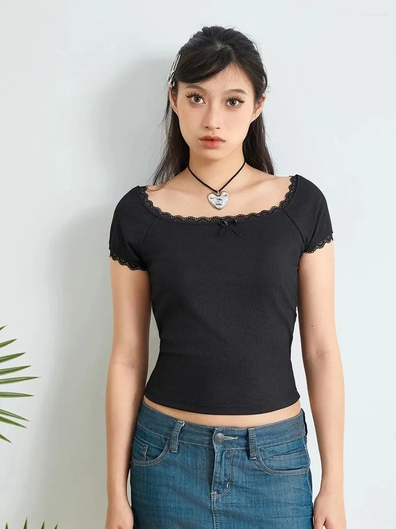 Kvinnors T-skjortor Kvinnor Coquette Y2K Crop Tops Kort ärm Lace Trim Estetic T-shirts Vintage 90-tal Square Neck Ribbed Knit Tee