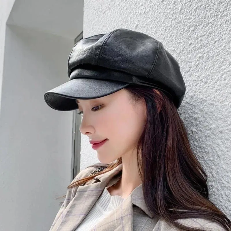 Berets Women Beret Hat Stylish Faux Leather For Retro Sun Protection With Short Brim Breathable Painter Cap Spring