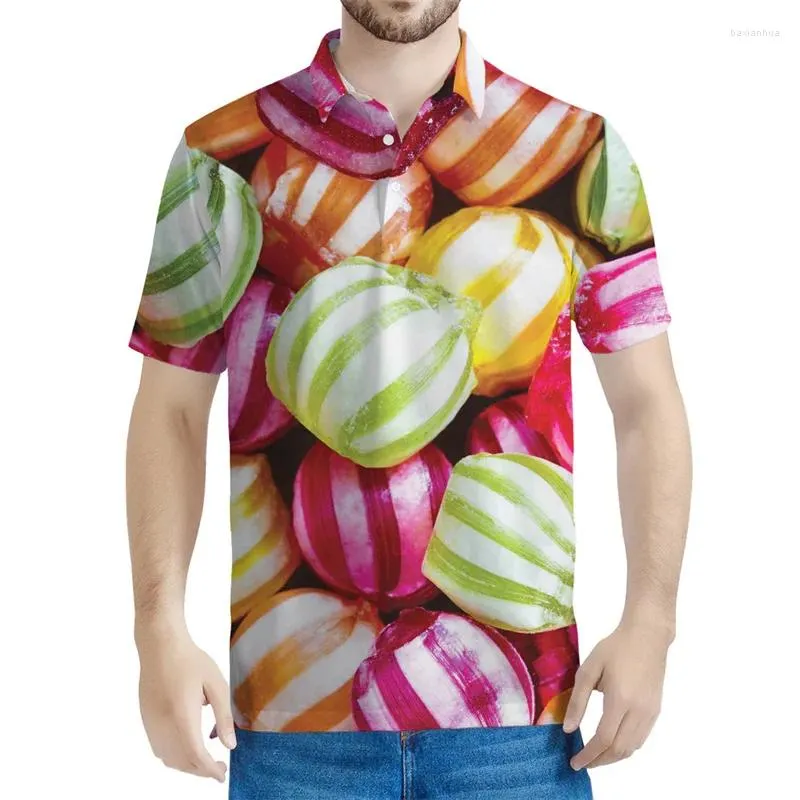 Polos masculinos coloridos lollipop padrão pólo Men 3d Candy estampado de manga curta camisetas infantis de verão harajuku tops de botão de botão de botão