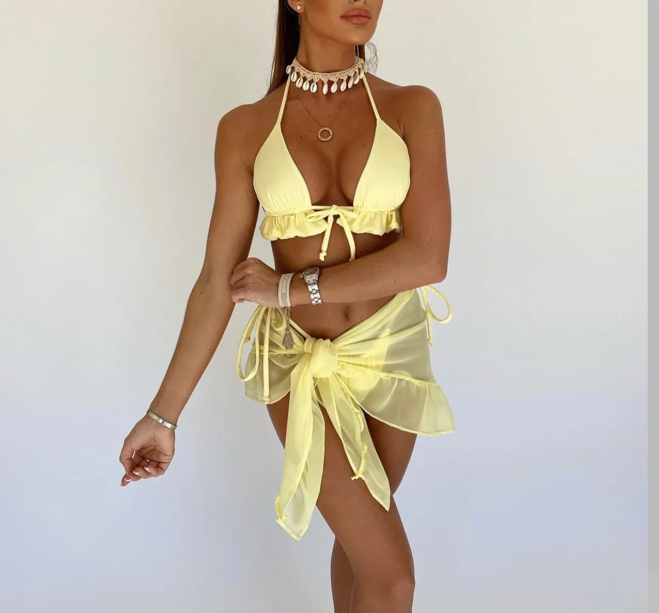 Sätt Melphieer Lady's Summer New Yellow Lilac Bikini 3 PCS Baddräkt med Mesh Short Beach Sarong Swimwear Biquini Beachwear Outfit