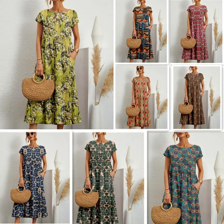 패션 여성 느슨한 면화 린넨 민소매 둥근 목이 인쇄 여름 드레스 167
