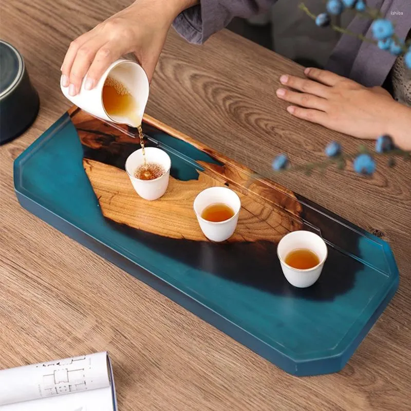 Tea Trays Large Size Rectangle Wood Resin Tray For Kungfu Teacup Teapot Home Wet And Dry Dual-use Solid Wooden Table Serving Board