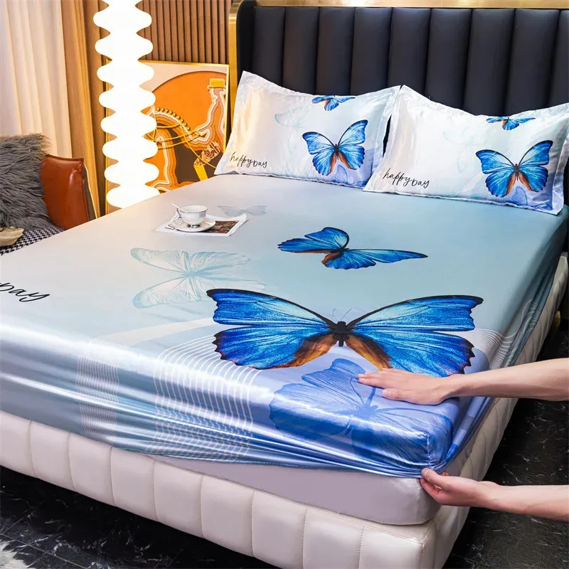 Ice Coolling Fitted Sheet Satin Bed Sheet for Double Bed Butterfly Printed Bed Cover Queen/King Bed Sheetpillowcase need order 240410