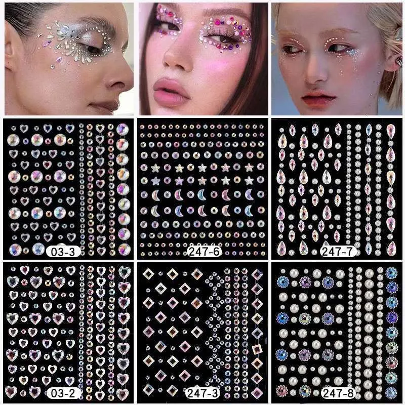 Transfert de tatouage Karsyngirl 1 feuille de carrosserie des yeux gemmes bijoux joyeuses autocollants auto-adhésifs arc-en-ciel maquillage diamants face stick gemmes 240427