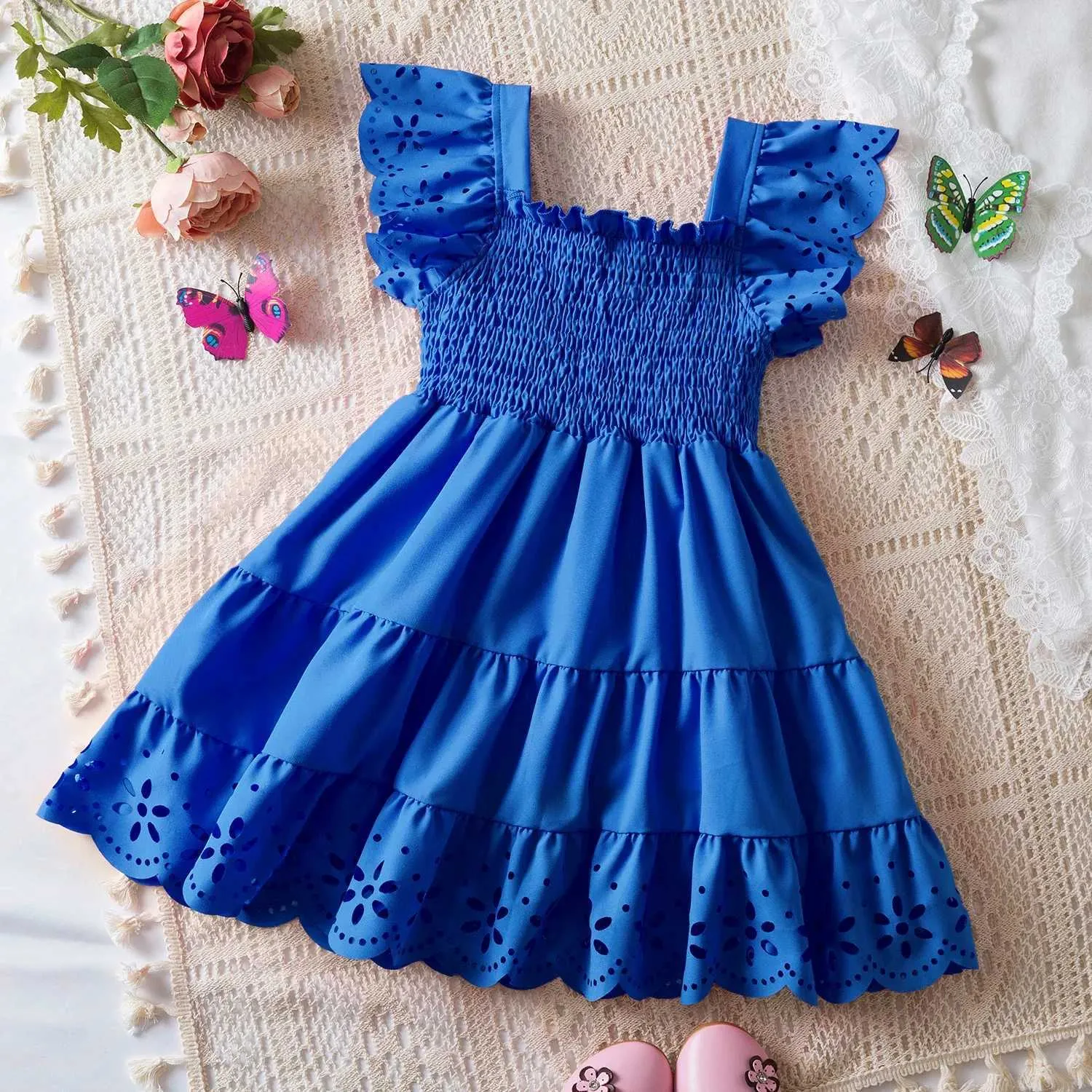 Robes de fille Summer Little Girls Lace Ruffles Sleeves 2024 Holiday Casual Robe Princess Birthday Party Blue Robe 2 à 6 ans Vêtements pour enfants