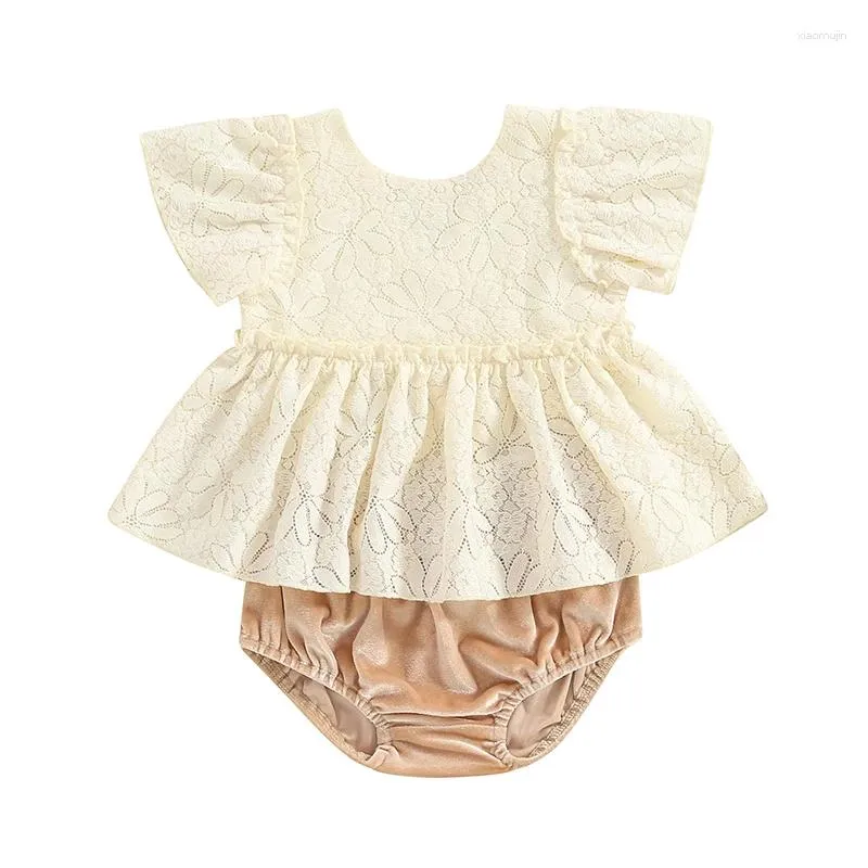 Clothing Sets Baby Girl Vacation Outfits Set Short Sleeve Lace Flower Tops Ruffled Hem Elastic Waist Velvet Bloomer Shorts Beach Boho